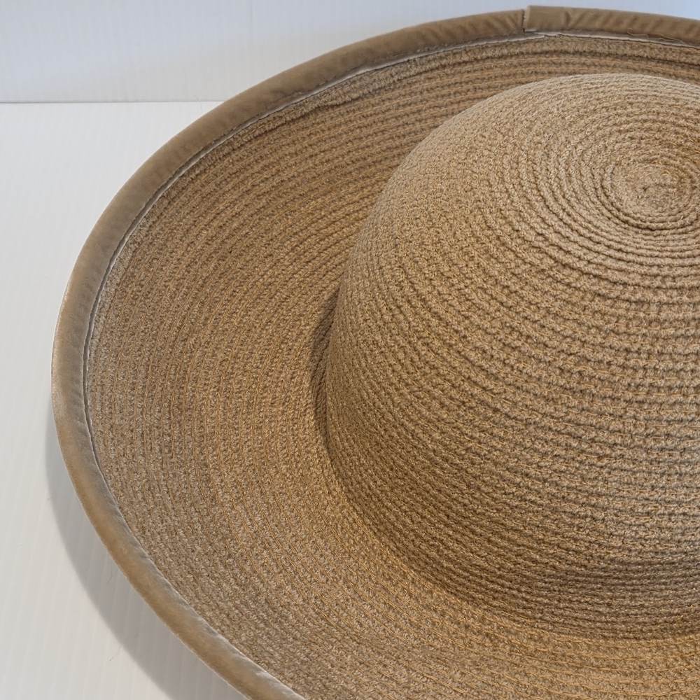 Vintage Kokin Straw Sun Hat Wide Brim Cap Beige Couture Round Crown Packable OS - Picture 3 of 16